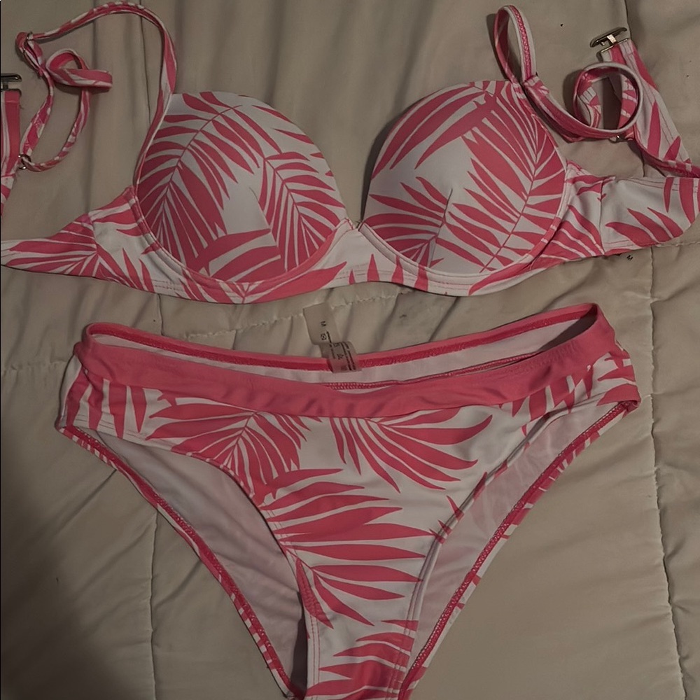 Pink and White Leaf Print Bikini Set
